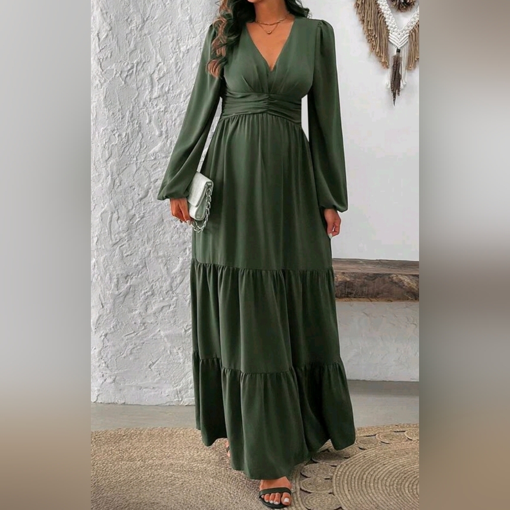 New Flowy Ruched Waist Tiered Maxi Dress Long Sleeve Olive Green